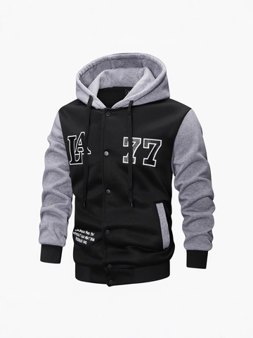 Giacca Varsity da Uomo con Cappuccio in Blocco di Colore Stampa Lettere LA 77 Bottoni a Pressione Streetwear Cappotto