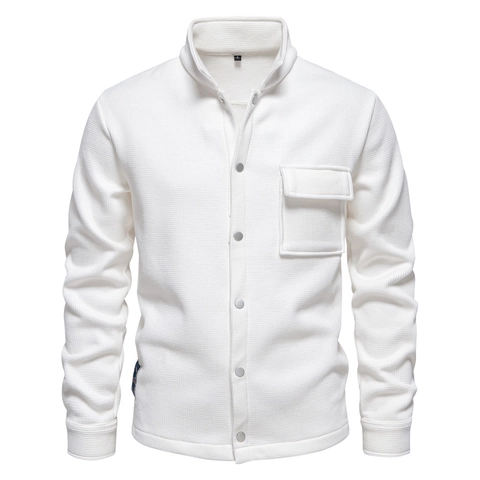 Heren Wafelgebreid Jack Casual Omvouwbare Kraag Lange Mouw Overhemdjack Met Borstzak Metalen Drukknop Bovenkleding Top Voor Mannen