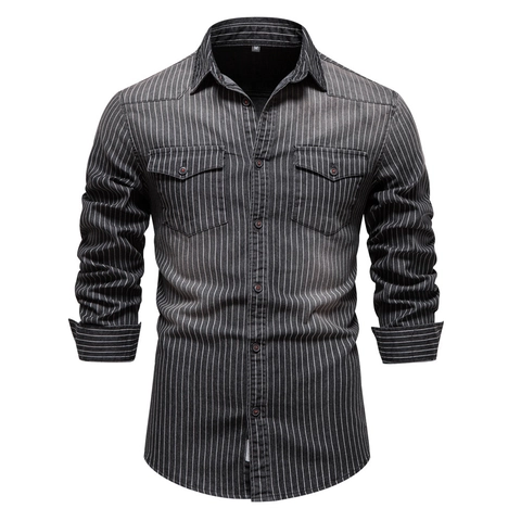 Heren Lange Mouw Gestreepte Denim Overhemd Gewassen Krijtstreep Casual Werkkleding Katoen Top Met Dubbele Zakken Button Down