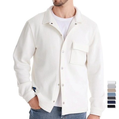 Heren Wafelgebreid Jack Casual Omvouwbare Kraag Lange Mouw Overhemdjack Met Borstzak Metalen Drukknop Bovenkleding Top Voor Mannen