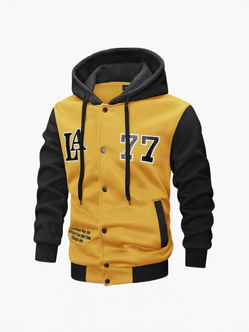 Giacca Varsity da Uomo con Cappuccio in Blocco di Colore Stampa Lettere LA 77 Bottoni a Pressione Streetwear Cappotto