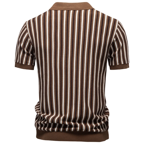 Herren Retro Strick Polohemd Viskose Polyester Mischung Vertikale Streifen Kurzarm V Ausschnitt Johnny Kragen Casual Top
