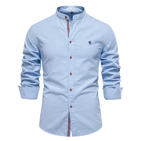 Camicia a Maniche Lunghe in Cotone e Lino da Uomo Colletto alla Coreana Business Casual Tinta Unita Traspirante Camicia con Bottoni Top Leggero Stile Giapponese