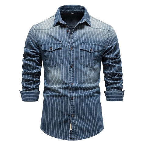 Heren Lange Mouw Gestreepte Denim Overhemd Gewassen Krijtstreep Casual Werkkleding Katoen Top Met Dubbele Zakken Button Down