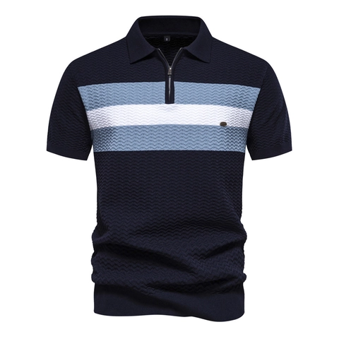 Men Business Casual Knit Polo Shirt Striped Half Zip Short Sleeve Summer Thin Breathable Waffle Texture Soft Comfortable Tops