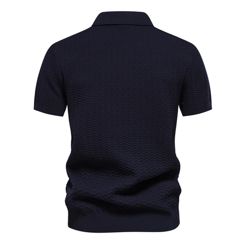 Men Business Casual Knit Polo Shirt Striped Half Zip Short Sleeve Summer Thin Breathable Waffle Texture Soft Comfortable Tops