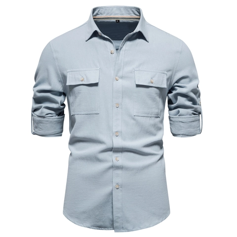 Men Casual Workwear Shirt 100 Percent Cotton Long Sleeve Double Pocket Turn Down Collar Solid Khaki Blue Regular Fit Top