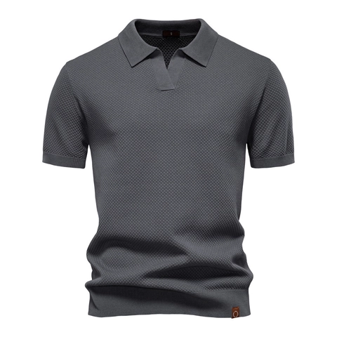Polo Homme Business Décontracté en Tricot Gauffré Top à Manches Courtes Pull en Tricot Taille Européenne Sans Bouton Col en V Mélange de Viscose