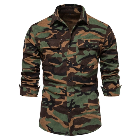 Heren Vintage Corduroy Overhemden Lange Mouwen Katoenmix Casual Workwear Slim Fit Button Down Overhemden Met Zakken Effen Camo