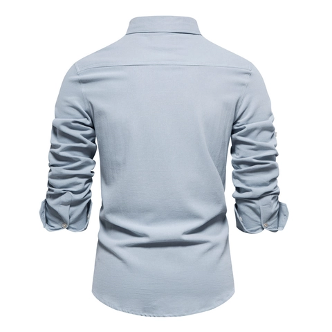 Men Casual Workwear Shirt 100 Percent Cotton Long Sleeve Double Pocket Turn Down Collar Solid Khaki Blue Regular Fit Top