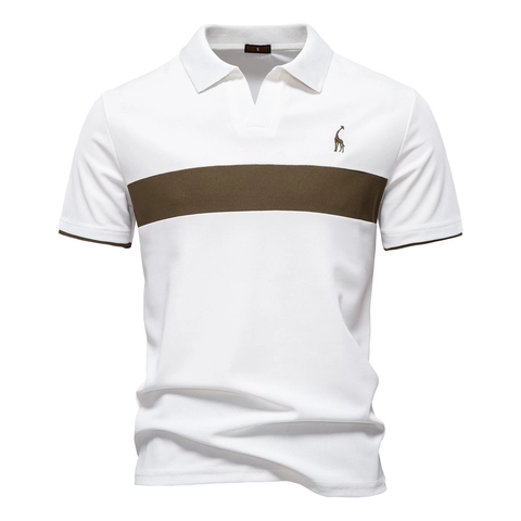 Maglia Polo da Uomo Casual a Maniche Corte Color Block Ricamo Giraffa Scollo a V Moda Estiva Top per Uomo Outdoor