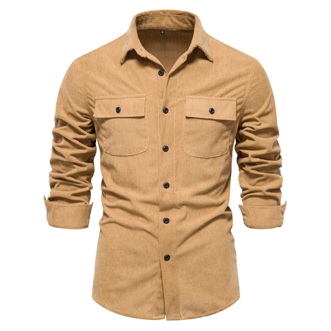 Heren Vintage Corduroy Overhemden Lange Mouwen Katoenmix Casual Workwear Slim Fit Button Down Overhemden Met Zakken Effen Camo