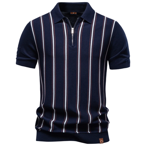 Men Vertical Striped Knitted Polo Shirt Short Sleeve Zip Neck Viscose Blend Breathable Business Casual Tops For Daily Office Wear