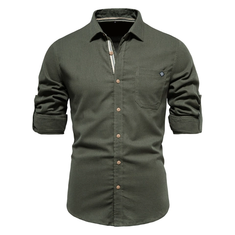 Men Long Sleeve Cotton Casual Shirt European Size Brushed Texture Turn Down Collar Embroidered Pocket Solid Button Up Tops