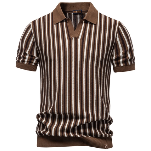 Polo de Punto Retro para Hombre Mezcla de Viscosa Poliéster Rayas Verticales Manga Corta Cuello en V Johnny Top Casual