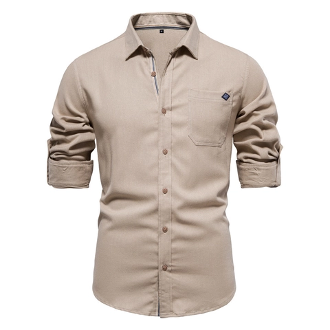 Men Long Sleeve Cotton Casual Shirt European Size Brushed Texture Turn Down Collar Embroidered Pocket Solid Button Up Tops