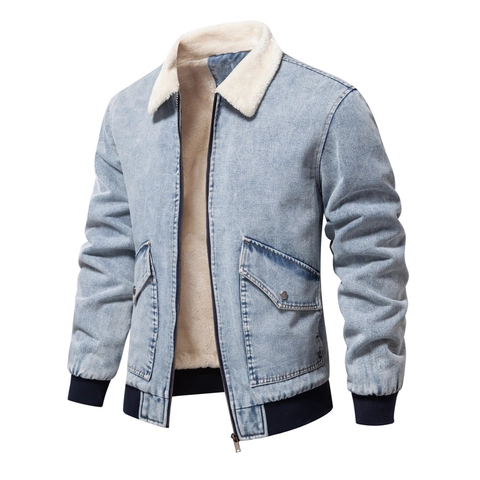 Giacca di Denim Foderata in Sherpa da Uomo Cappotto Trucker in Pile Caldo Inverno Abbigliamento in Cotone Lavato