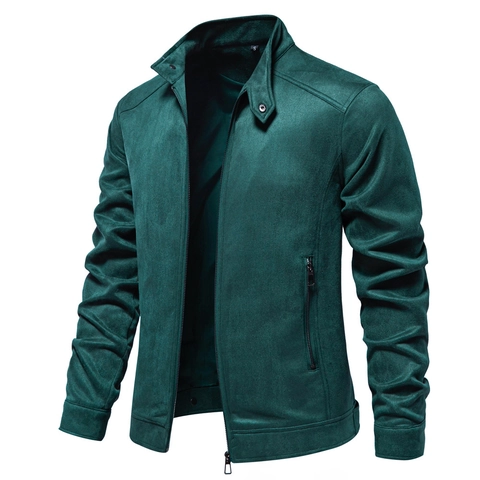 Chaqueta de Gamuza Sintética para Hombre Color Sólido Cuello Alzado Cremallera Casual Workwear Ropa de Abrigo Chaqueta de Manga Larga para Hombre Otoño Invierno