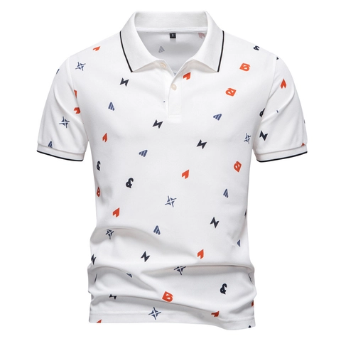 Herren Casual Baumwolle Piqué Polo Shirt Kurzarm Kontrast Revers Buchstaben Geometrischer Druck Sommer Atmungsaktives Sportliches Top