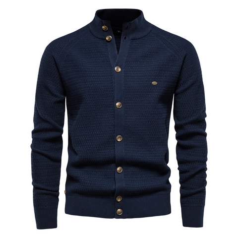 Men's Knitted Cardigan Sweater Cotton Blend Stand Collar Waffle Texture Long Sleeve Single Breasted Casual Business Top