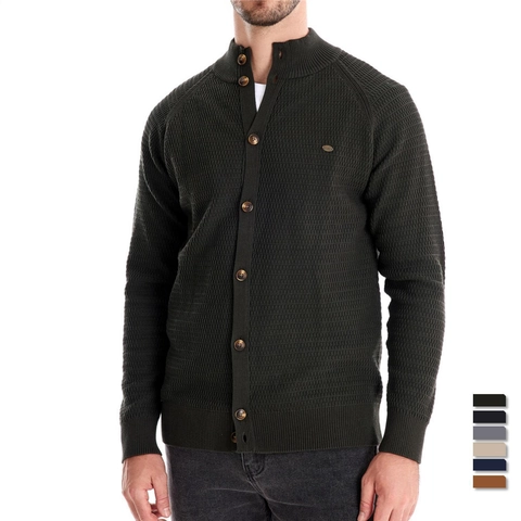 Men's Knitted Cardigan Sweater Cotton Blend Stand Collar Waffle Texture Long Sleeve Single Breasted Casual Business Top