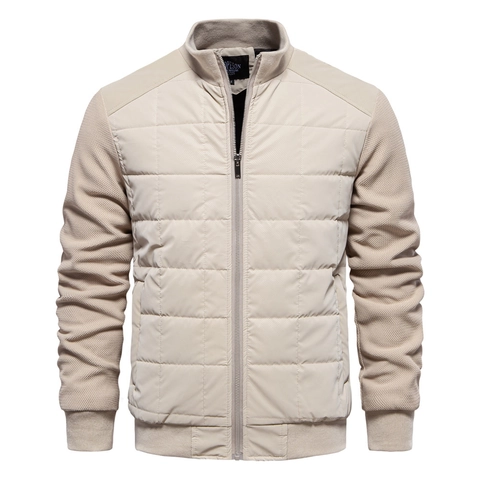Chaqueta Casual de Retazos para Hombre Cuello Alto Abrigo de Invierno Acolchado Cortavientos Cremallera Puños de Canale Moda