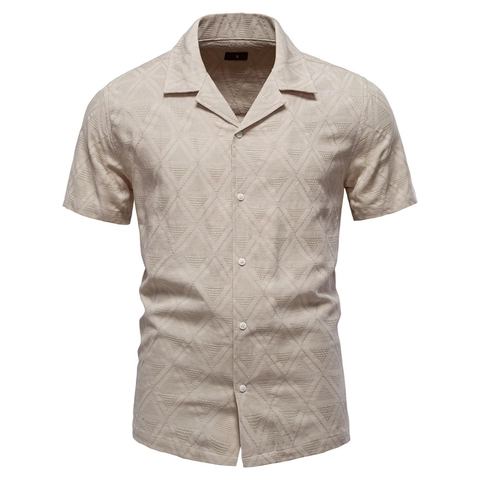 Heren Katoenmix Jacquard Overhemd met Korte Mouwen Ademend Geometrisch Driehoekspatroon Zakelijk Casual Smart Top