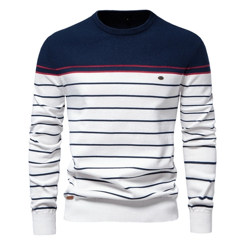 Herren Colorblock Gestreifte Strickwaren Casual Slim Fit Rundhals Langarm Pullover Weiche Baumwollmischung Für Herbst Winter