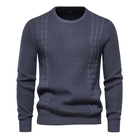 Heren Effen Kleur Wafel Kabelgebreide Trui Slim Fit Ronde Hals Lange Mouw Casual Warme Gebreide Top