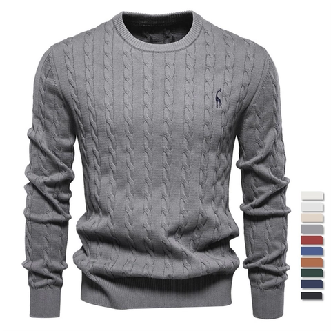 Men's Cable Knit Sweater With Giraffe Embroidery Round Neck Long Sleeve Cotton Blend Casual Business Knitted Pullover Top