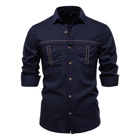 Herren Casual Langarm Hemd Leinenmischung Atmungsaktiv Einfarbig Doppel Taschen Kontrastnähte Vintage Workwear Oberteil