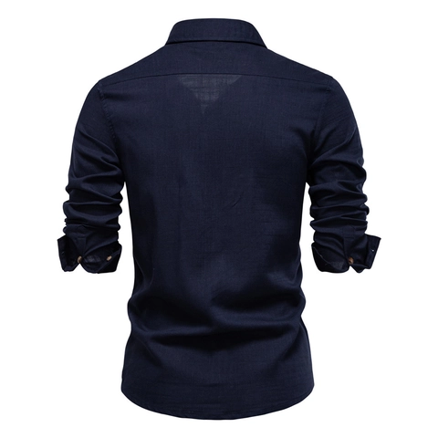 Herren Casual Langarm Hemd Leinenmischung Atmungsaktiv Einfarbig Doppel Taschen Kontrastnähte Vintage Workwear Oberteil