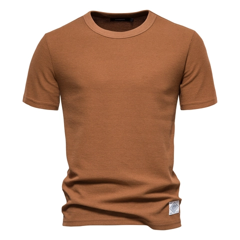 Men's Waffle Knit T-Shirt Basic Solid Color Round Neck Short Sleeve Breathable Cotton Blend Casual Daily Top For Men