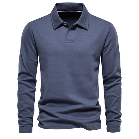 Herren Casual Langarm Poloshirt Baumwollmischung Piqué Gewebe Einfarbig Umlegekragen Business Casual Oberteil Für Herren