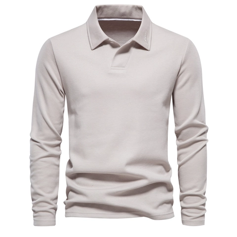 Herren Casual Langarm Poloshirt Baumwollmischung Piqué Gewebe Einfarbig Umlegekragen Business Casual Oberteil Für Herren