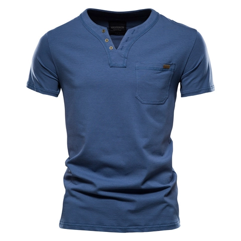 Maglietta da Uomo in 100% Cotone Henley Casual a Maniche Corte con Scollo a V con Tre Bottoni e Tasca Tinta Unita Slim Fit Stile Giapponese