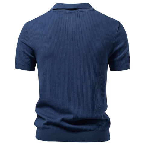 Business Casual Men Short Sleeve Ribbed Knit Polo Shirt Johnny Collar Viscose Blend Breathable Solid Color Summer Top