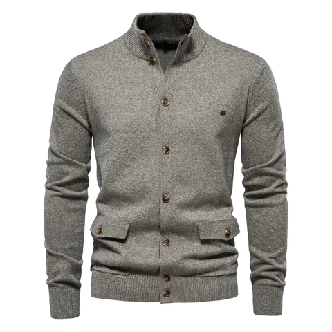 Herren Baumwolle Strickjacke Pullover Stehkragen Knöpfe Business Casual Slim Fit Langarm Oberbekleidung Einfarbiges Top