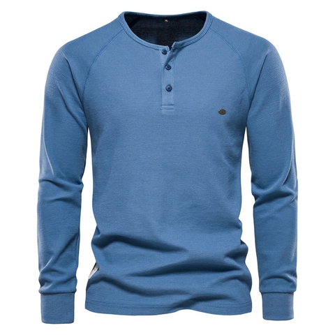 Maglia Henley da Uomo in Maglia a Nido d'Ape a Manica Lunga Misto Cotone Casual Tinta Unita Slim Fit Pullover Top Moda Uomo