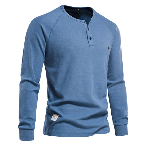 Maglia Henley da Uomo in Maglia a Nido d'Ape a Manica Lunga Misto Cotone Casual Tinta Unita Slim Fit Pullover Top Moda Uomo