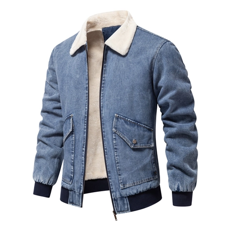 Winter Herren Denim Jacke Mit Fleece-Gefüttert Sherpa Kragen Warm Reißverschluss Bombermantel Vintage Lässig Waschen Outwear