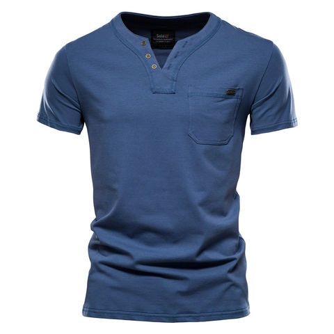 Ανδρικό 100% Βαμβακερό T-Shirt Henley Casual Κοντό Μανίκι V Λαιμόκοψη Με Τρία Κουμπιά Και Τσέπη Μονόχρωμο Slim Fit Ιαπωνικό Στυλ Top