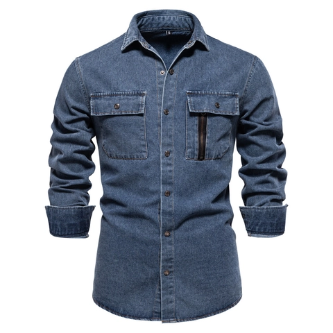 Camicia di Jeans in Cotone a Maniche Lunghe da Uomo Con Doppie Tasche sul Petto Cerniera Decorativa Lavata Casual Top