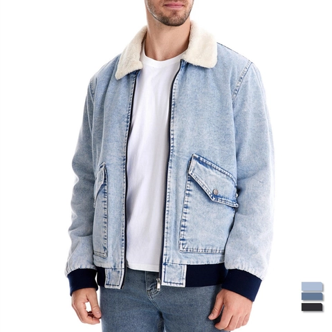 Winter Herren Denim Jacke Mit Fleece-Gefüttert Sherpa Kragen Warm Reißverschluss Bombermantel Vintage Lässig Waschen Outwear