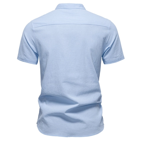 Herren Casual Baumwollmischung Hemd Stehkragen Kurzarm Henley Hemd Einfarbig Atmungsaktiv Sommer Top Für Herren