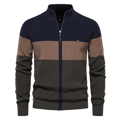 Men Casual Cotton Blend Knit Cardigan Sweater Color Block Stand Collar Zipper Jacket Long Sleeve Top For Men Outwear