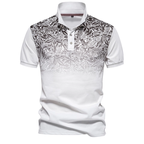 Lässiges Kurzarm Poloshirt für Herren Farbverlauf Blumendruck Piqué Baumwolle Top Atmungsaktiv Revers Business Mode Sommer Kleidung