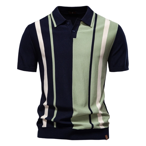 Polo Tricoté à Manches Courtes pour Hommes Mélange de Viscose Patchwork Rayé Col à Revers Décontracté Urbain Été Respirant