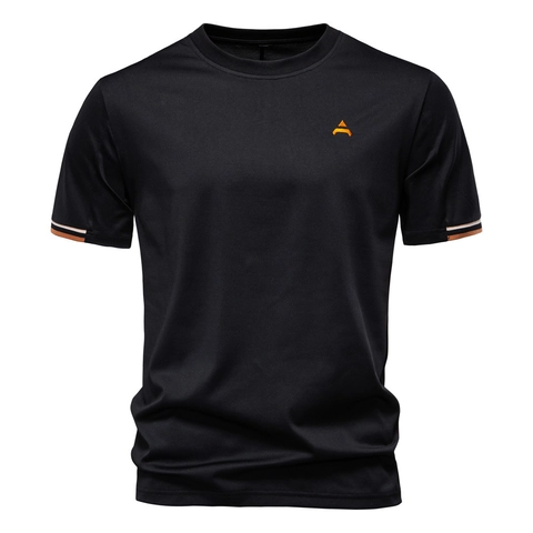 Men's Casual Cotton T-Shirt Solid Color Embroidery Round Neck Short Sleeve Top With Contrast Striped Cuffs For Summer Wear