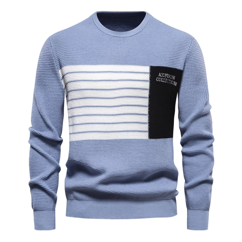 Pull en Maille Gaufre pour Hommes Patchwork Rayé Col Rond Manches Longues Pullover Coupe Cintrée Mode Urbaine Décontractée